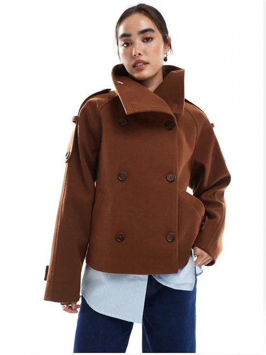 ASOS Rust Double-Breasted Pea Coat - Picture 1 of 4